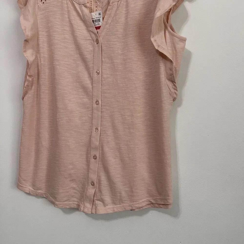 Style & Co Top XS Cap Flutter Sleeve Crushed‎ Petal Pink Popover Casual Lace NEW - Picture 2 of 11